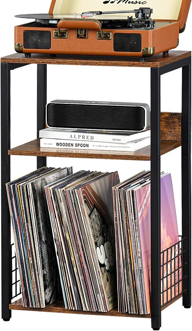 LELELINKY 3 Tier End Table,Record Player Stand with Storage Up to 100 Albums,Turntable Stand for Vinyl,Brown Records Shelf for Living Room Bedroom (Medium)