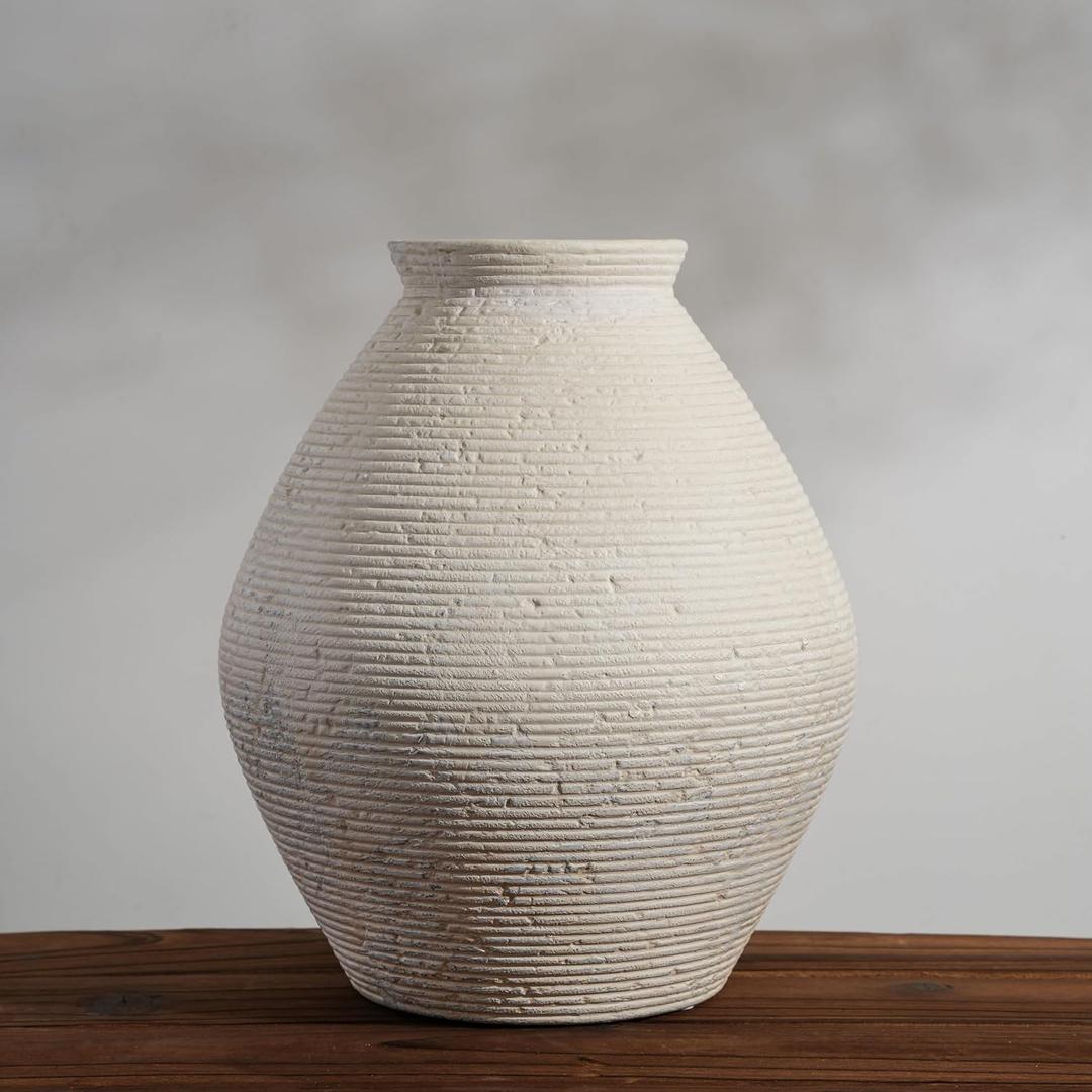 Large White Distressed Ceramic Vase, Rustic Ribbed Textured Floor Vase for Living Room Decor, Handmade Modern Farmhouse Vase for Pampas Grass (Cool-White)
