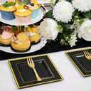 WDF 200PCS Black and Gold Plastic Dessert Plates with Plastic Forks -6 100 Square Disposable Appetizer Plates Small Plate Cake Plate with Gold Rim for Wedding/Party/Birthday/Graduation
