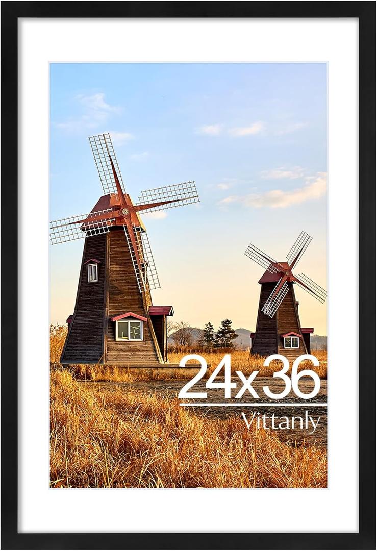 Vittanly 24x36 Picture Frame with Plexiglass - Large Black Poster Frame for Wall Display - Includes 20x30 Mat, Made of Durable PVC Design - Pack of 1