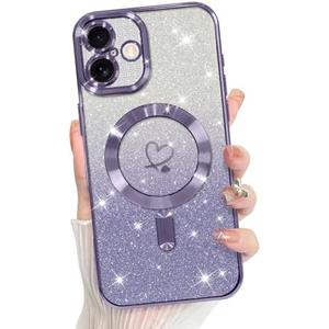 Bonoma Compatible with iPhone 16 Plus Case Support for MagSafe, Plating Heart Glitter Magnetic 2* Screen Protector TPU Camera Protection Back Cover for Girls Women -Purple