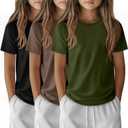 3 Pack Girls' Short Sleeve T-Shirts Kids Crew Neck Solid Tees Summer Casual Basic Teen Tops 5-14 Years (9-10 Years, Army Green, Brown, Black)