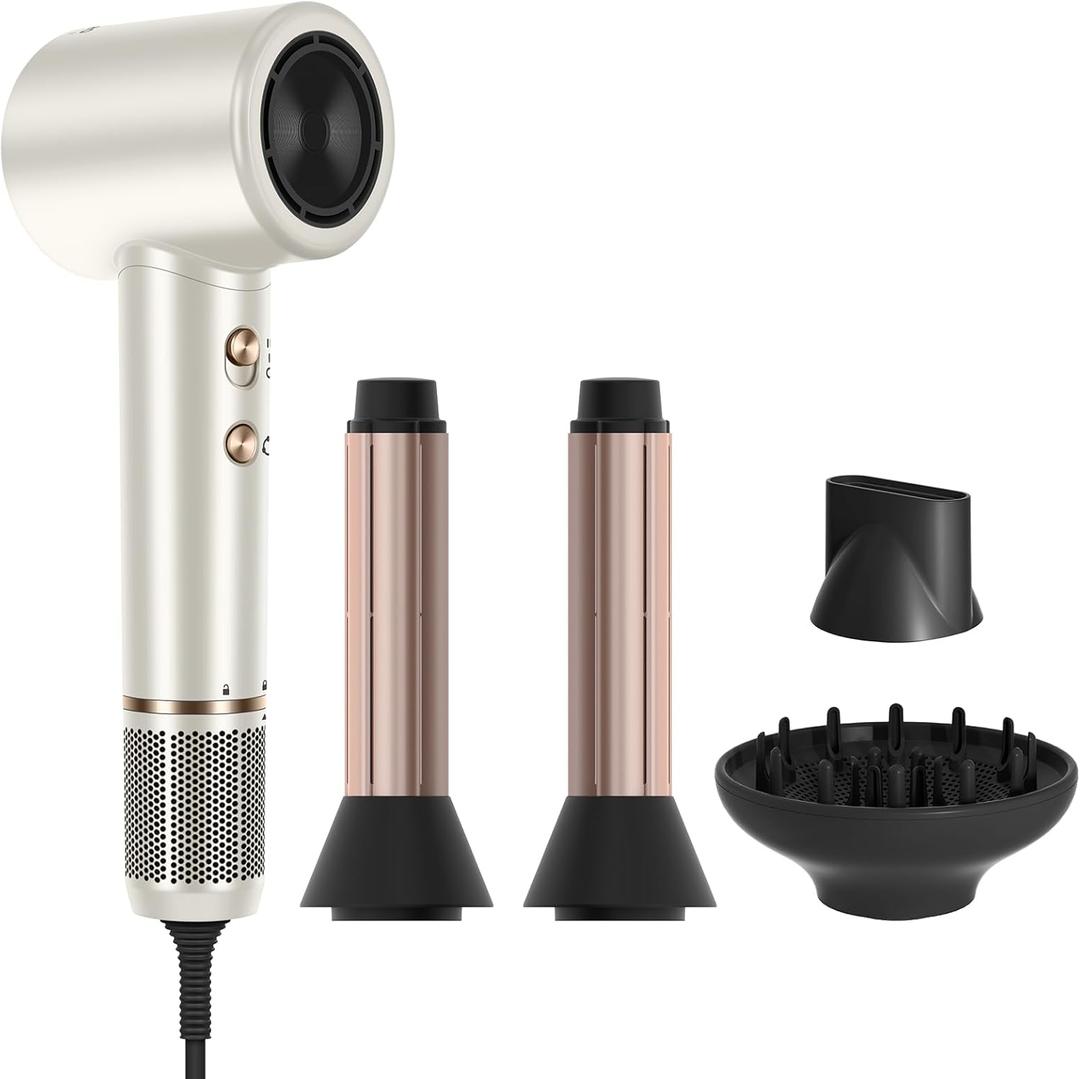 PARWIN PRO BEAUTY Secador de pelo Air-Sonic con difusor, pantalla LED HD y secador inico de alta velocidad de 110.000 RPM, rizadores de envoltura automtica de aire izquierdo y derecho de 1 1/4 (Champagne Silver-pro)