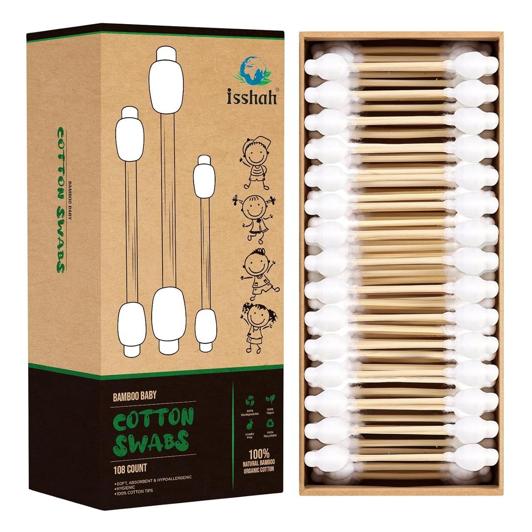 Baby Cotton Swabs - 108 Count - FSC Certified and PETA Approved, Bamboo Handle Cotton Tips, 100% Biodegradable, Gentle, Eco Friendly, Double Tips, Plastic Free Safety Baby Cotton Buds by Isshah