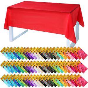 Oudain 68 Pack Disposable Plastic Tablecloth, Fiesta Party Decorations, 54" x 72" Rectangle Waterproof Table Covers for Parties, Indoor & Outdoor Use, 34 Assorted Colors