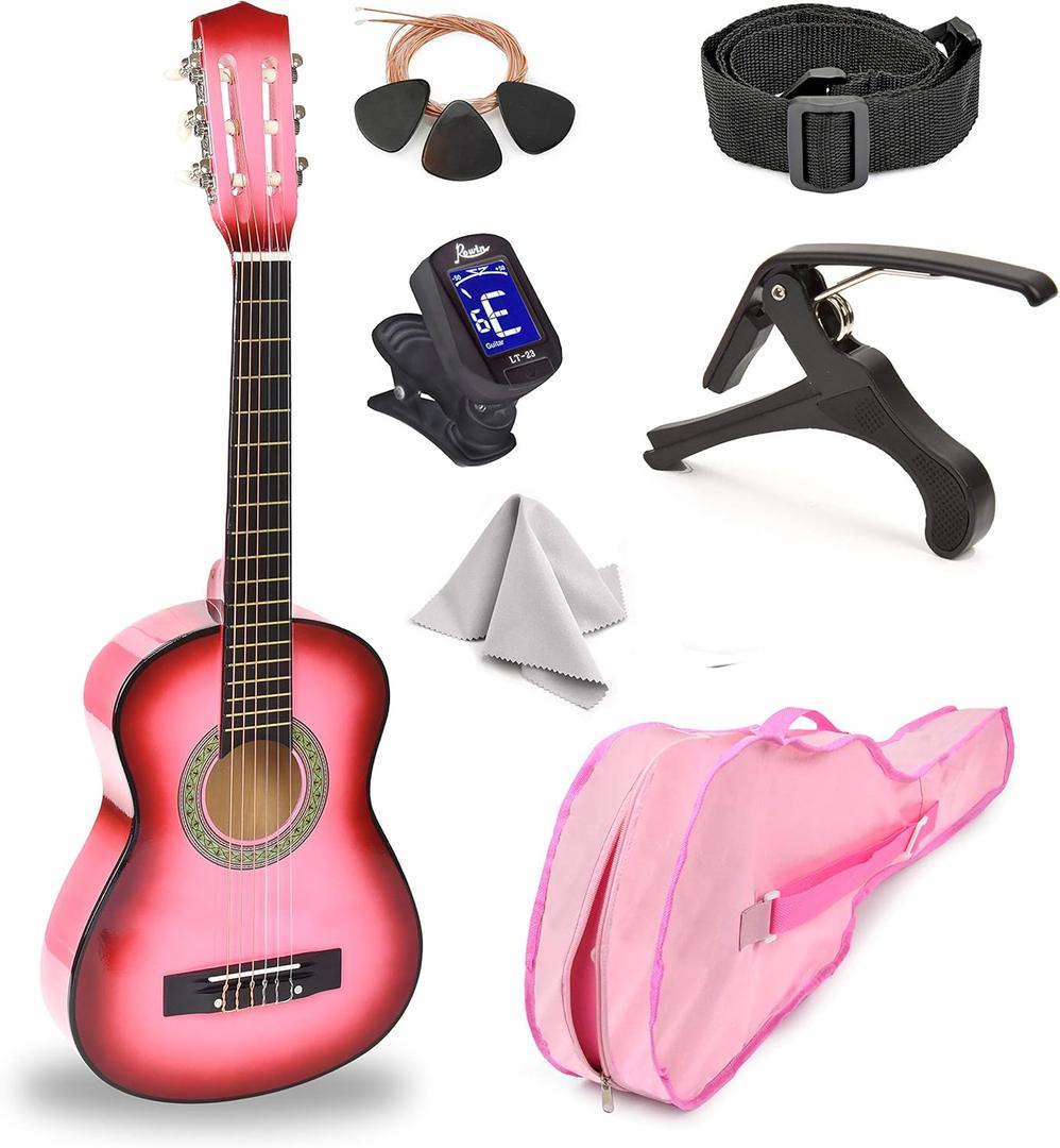 30" Wood Guitar with Case and Accessories for Kids/Girls/Boys/Beginners (Pink Gradient)