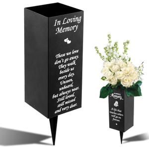 Metal Cemetery Vases, Elegant Lawn Grave Memorial Vase with Spikes Metal Funeral Flower Holder in Loving Memory Sign Flower Holder for Cemetery Vase Grave Decorations(Black)