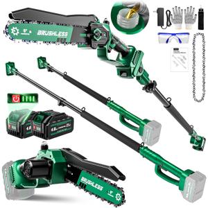 2-in-1 Electric Pole Saws for Tree Trimming,8" Mini Chainsaw Cordless with Extension Pole, 1200W Brushless Motor,Auto Oiling,16.18 FT Max Reach Extension Pole for Outdoors Pruning with 2Batteries