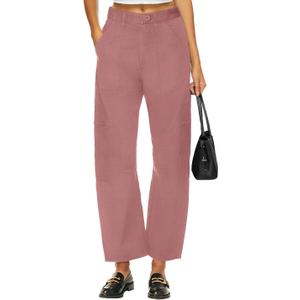 Lepunuo Barrel Cargo Pants for Women Trendy High Waisted Cropped Cargo Pocket Baggy Stretch Wide Leg Tapered Jeans Pink, L