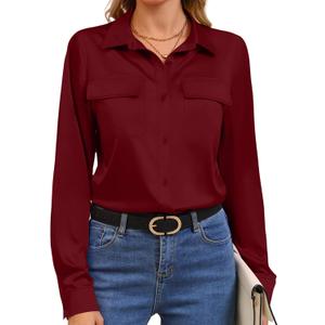 Wine Red Satin Silk Button-Down Shirt for Women Fitted Long Sleeve V-Neck Tunic Blouse Womens Oversized Button Down Blouse Collar Shirts Satin Casual Long Sleeve Tops with Pocket Red S