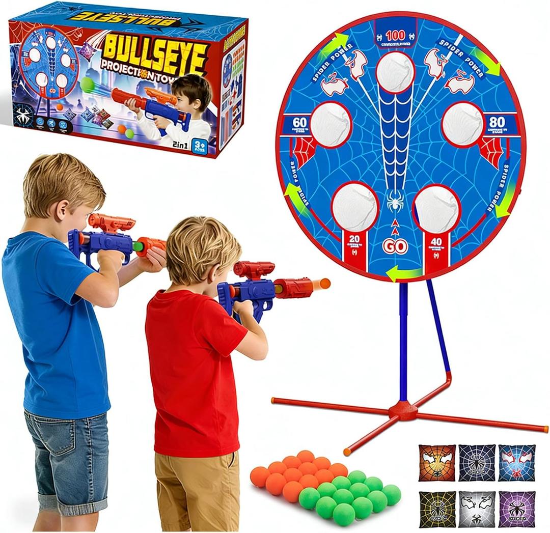 Spider Upgraded 2-in-1 Shooting Games Toys: Rotating Target, 2 Air Blasters & 24 Foam Balls, Bean Bag Toss Game for Kids, Indoor Outdoor Yard Party Games for Boys Girls 4 5 6 7 8 9 10+ Year Old Gift