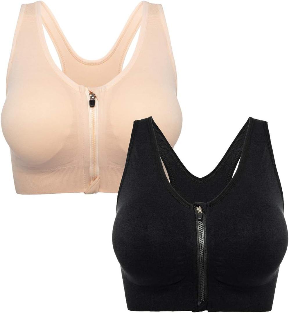 Zip Front Sports Bra - Padded Sports Bras for Women Wireless Post-Surgery Bra Workout Fitness Running (X-Large, #5 2 Packs(Black+Beige))