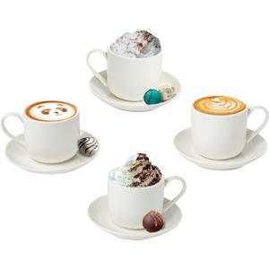 Espresso Cups Set of 4 with Matching Saucers  4 oz White Porcelain Demitasse Cups for Italian, Turkish, or Lungo Coffee  8-Piece Set