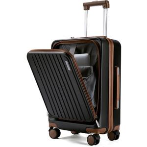 Carry on Luggage 22x14x9 Airline Approved, 20 Inch Carry on Luggage with Front Compartment, Travel Carry on Suitcase Lightweight with Wheels Black with Brown (TSA Approved)