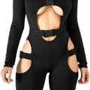 VWIWV Women Long Sleeves Jumpsuit Bodycon Buckle Romper Sexy Hollowing Out Bodysuit Short Jumpsuit Pants (Large, Black)