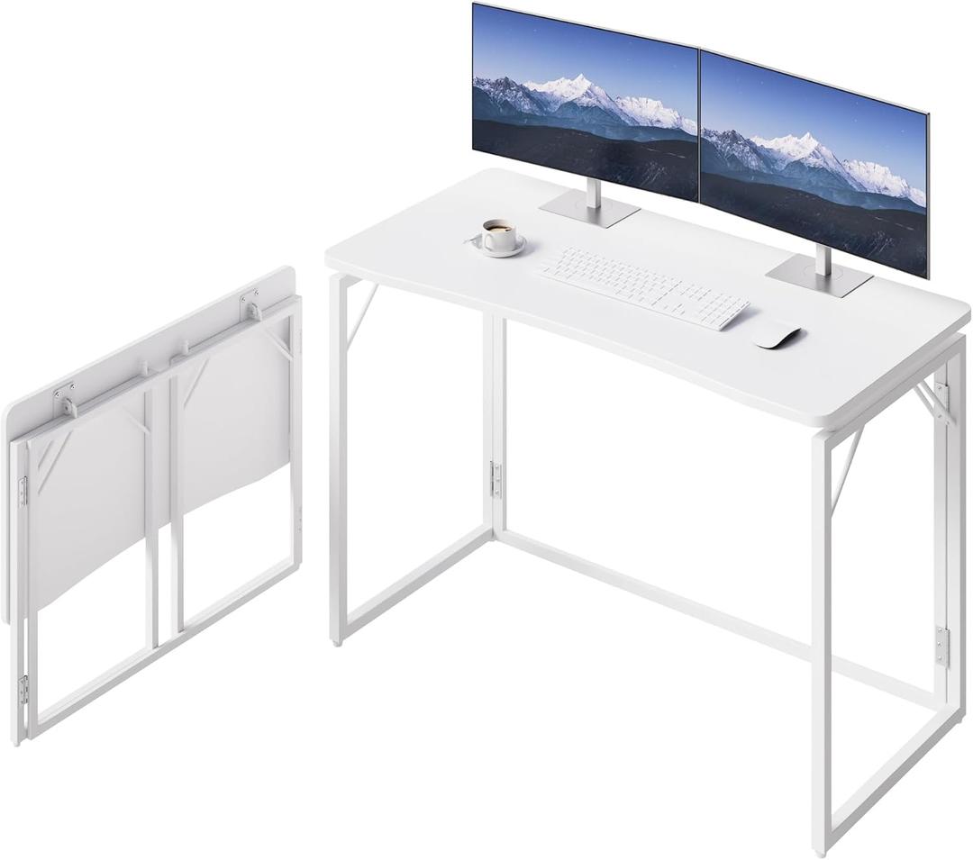 JOYMOOP White Folding Desk - 40", No Assembly Middle Size Foldable Desk for Home, Office, Wooden Top Folding Computer Desk for Working, Writing, Studying
