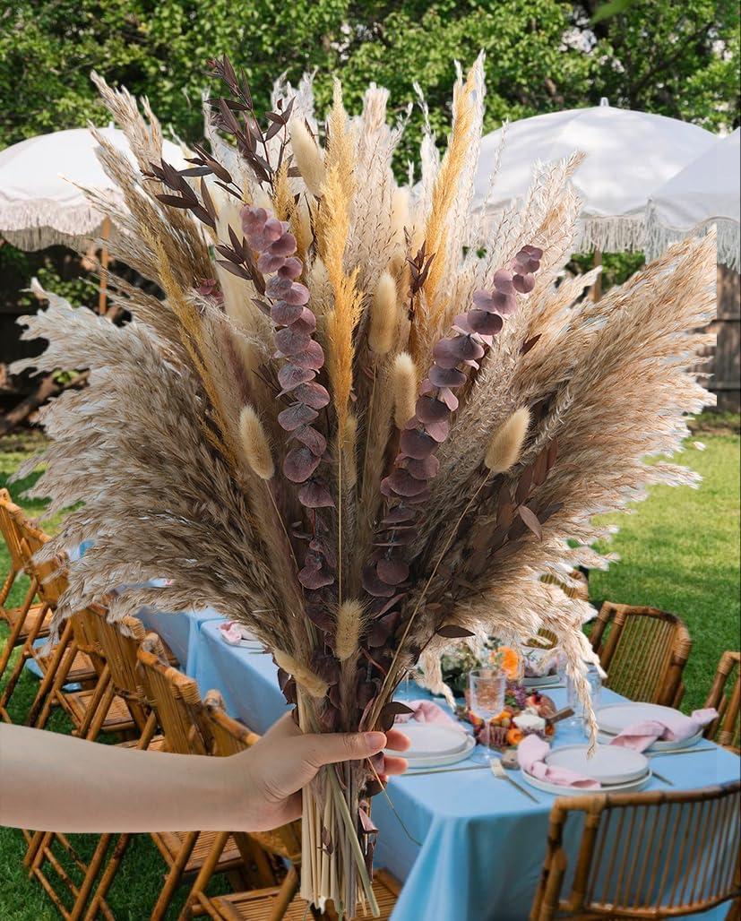 Fall Dried Flower Bouquet - Real Red Eucalyptus & Pampas Grass for Boho Decor, 16-17 Autumn Floral Arrangements for Home Decor, Vase Decor, Wedding Decor, Fall Decorations for Home Indoor & Porch