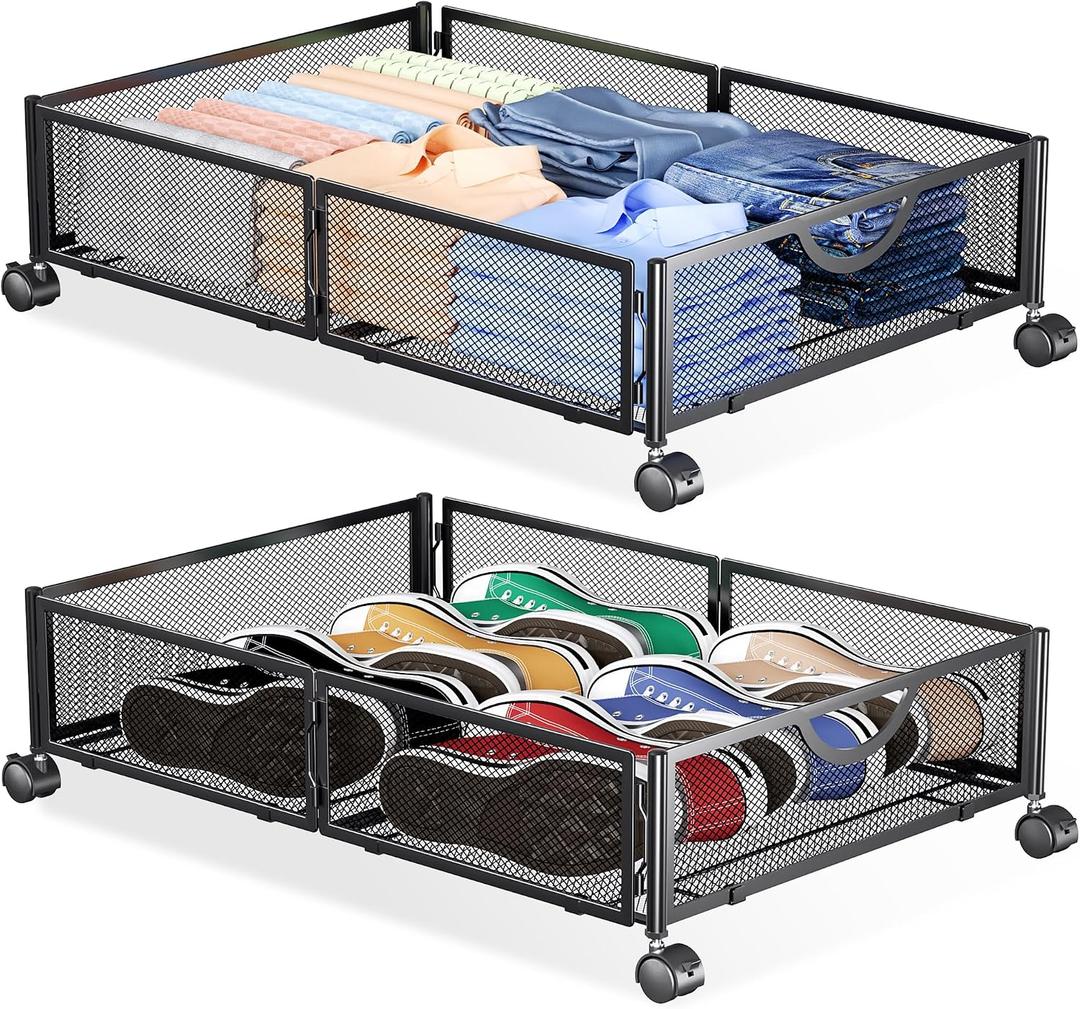 Yecaye Under Bed Storage with Wheels, 2 Pack Under Bed Shoe Storage Organizer Drawer, Tool-free Assembly Metal Underbed Storage Containers for Clothes, Shoes, Black