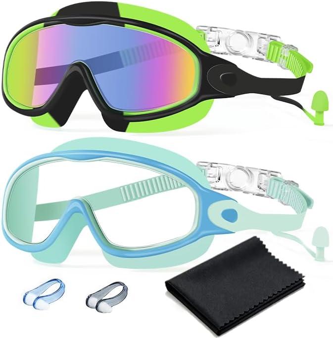Swim Goggles 2 Pack Anti-Fog Anti-UV Wide View No Leakage Swimming Goggles for Kids 3-15 with Earplugs (Light Blue & Black Green)