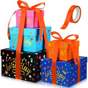 Geyoga 5 Pcs Birthday Gift Boxes Square Nesting Boxes with Lids Square Box 5 Assorted Sizes Stackable Gift Box for Mother's Day Wedding Party Present Packaging(Birthday)