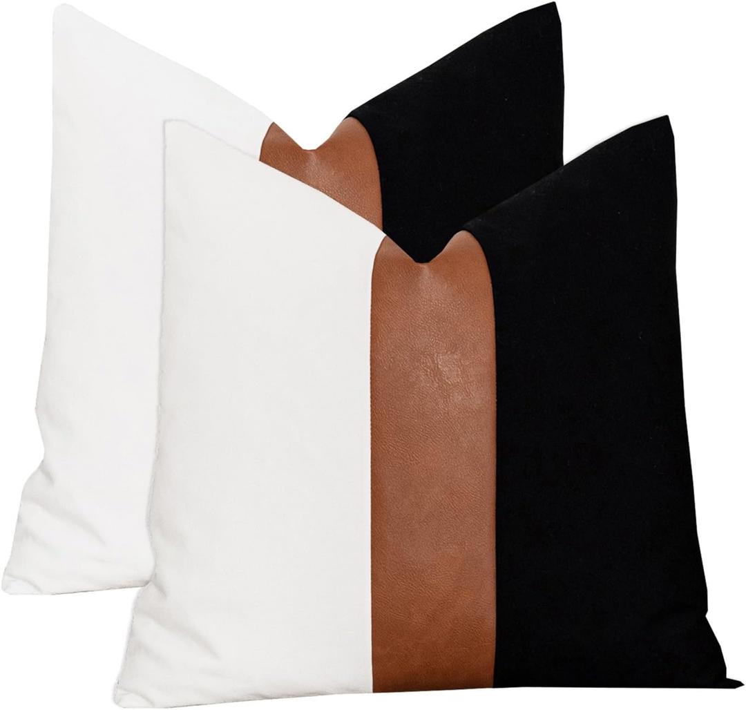 2 Pack 20x20 Inch Throw Pillow Covers, Brown Faux Leather & Black and White Cotton Reversible Decorative Pillow Cases for Living Room Couch Sofa Bedroom Modern Farmhouse Decor
