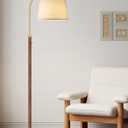 Dimmable Floor Lamp for Living Room, 65" Tall Metal Standing Lamp with LED Bulb, Mid Century Modern Arc Floor Lamp with Linen Shade for Bedroom, Reading Room, Office & Nursery, Gold and Walnut Color
