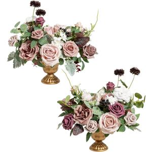 Ling's moment Dusty Rose & Mauve Artificial Flowers with Vase Wedding Decor Centerpiece Flower Potted for Ceremony Reception Tabletop Desk Flowers Mantel Archway Aisle, Fake Flowers Set of 2