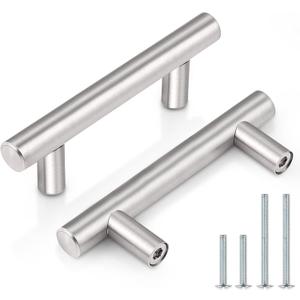 Probrico 10 Pack|Euro Style T Bar Cabinet Pulls Stainless Steel Kitchen Handles Bathroom Cupboard Knobs 2.5 Inch Hole Centers, 4 Inch Overall Length