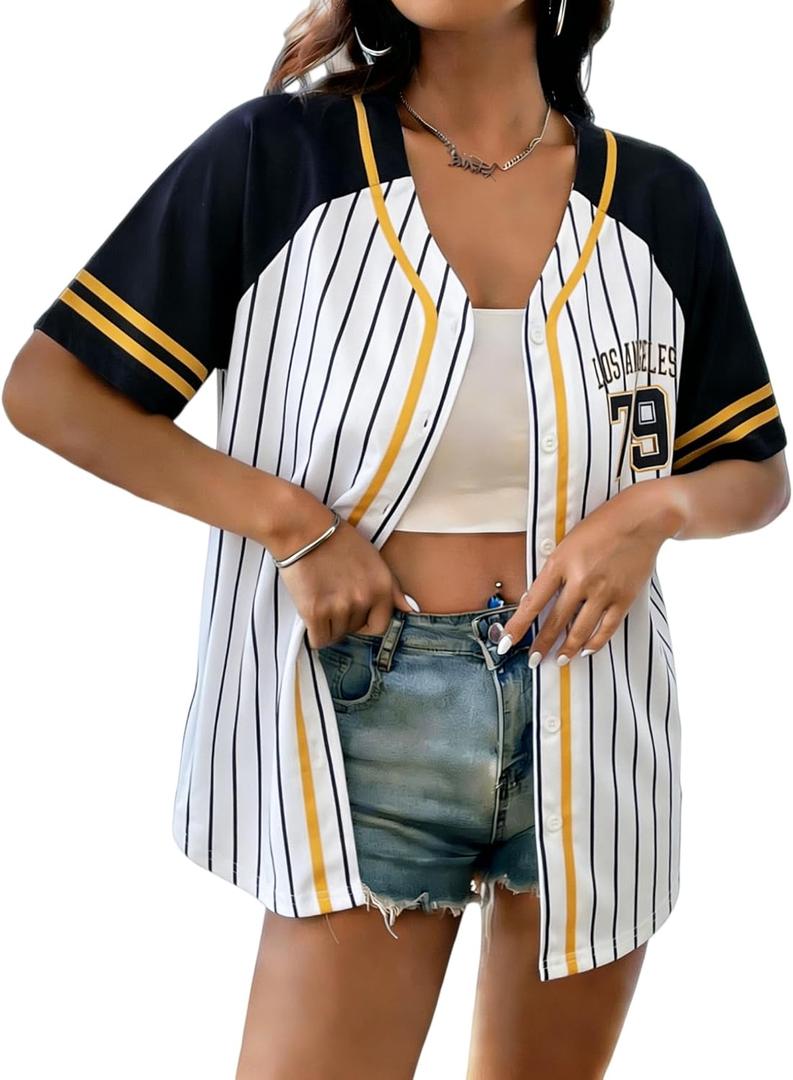 Baseball Jersey Women Baseball Shirts Baseball Team Jerseys Game Day Striped Button Down Short Sleeve Tops (M)