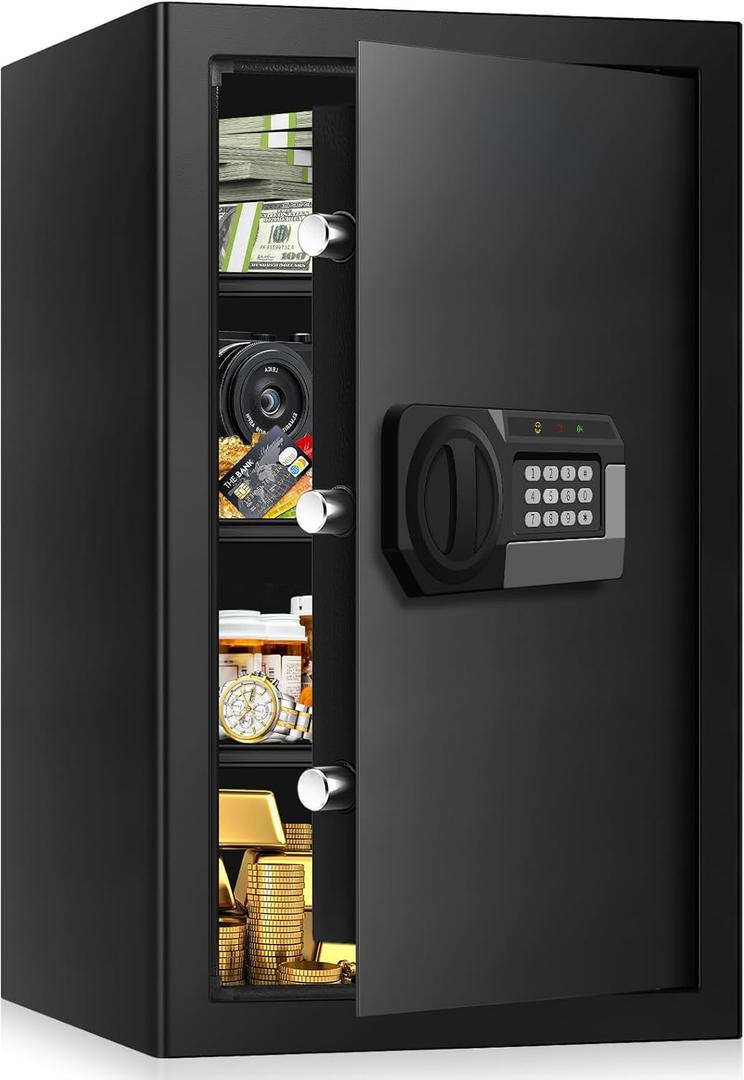 5.1 Cub Large Safes for Home Use Fire and Water Proof, Anti-theft Home Security Safe With Digital Keypad & 3 Removable Shelves and Led Light, Fireproof Safe Box for Documents Money Firearm Valuables