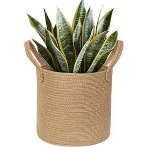 Round Wicker Basket with Handle, 11"x11" Woven Jute Plant Basket for 10" Pot, Indoor Boho Tree Planter, Decorative Flower Pot Cover, Rustic Holder for Plants and Decor, Shoe Bin for Entryway