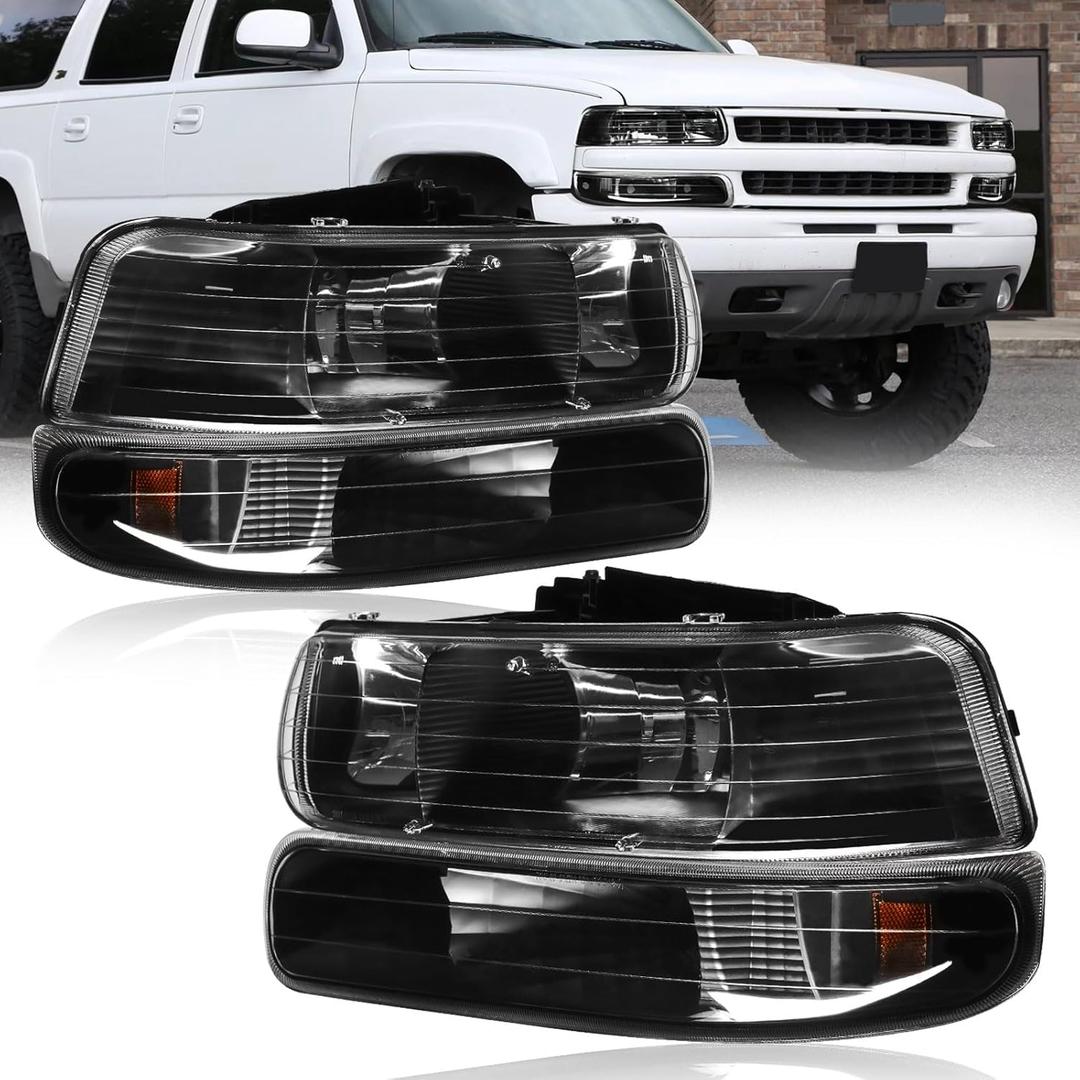 Headlights Assembly fit 1999-2002 Chevy Silverado 1500 2500 1500HD 2500HD 3500/2000-2006 Tahoe / 2000-2006 Suburban 1500 2500 Headlamp Amber Reflector Black Housing