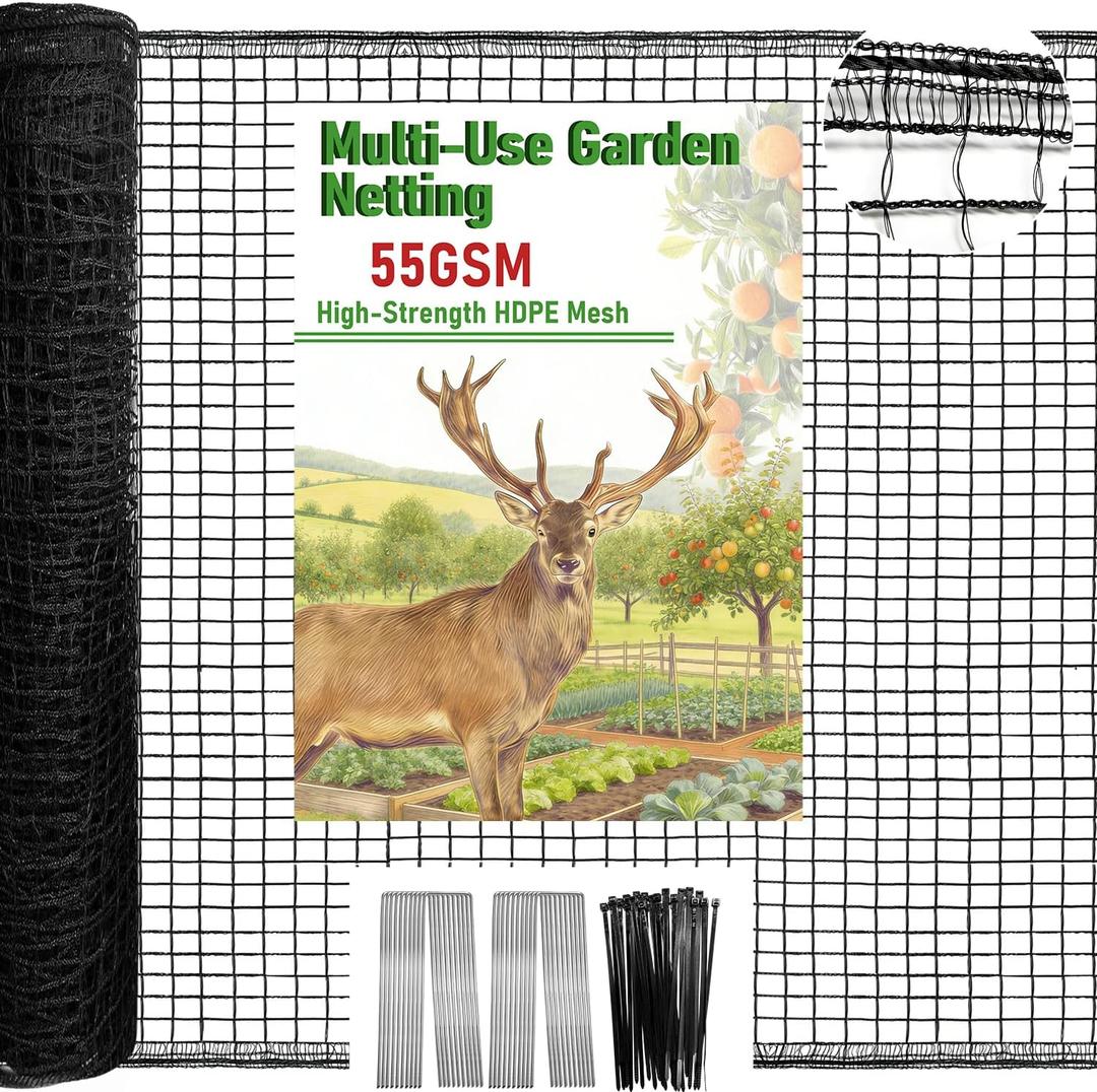 Deer Fence Netting, 4 x 75ft Heavy Duty Plastic Mesh Deer Netting, 55GSM Deer Fence for Garden, Reinforced Edges Anti Bird Netting Mesh for Trees Vegetable Raised Bed(55GSM, 4 x 75ft)