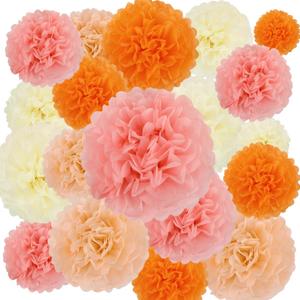 BestoFun 16Pcs Pink & Orange Party Decorations - Pom Poms, Paper Flowers & Boho Groovy Decorations for Fall, Autumn, Thanksgiving, Birthday, Baby Showers & Weddings