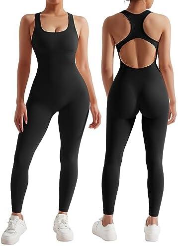 RXRXCOCO Women Backless One Piece Jumpsuits Sleeveless Scoop Neck Bodycon Romper Seamless Workout Yoga Jumpsuits, Large