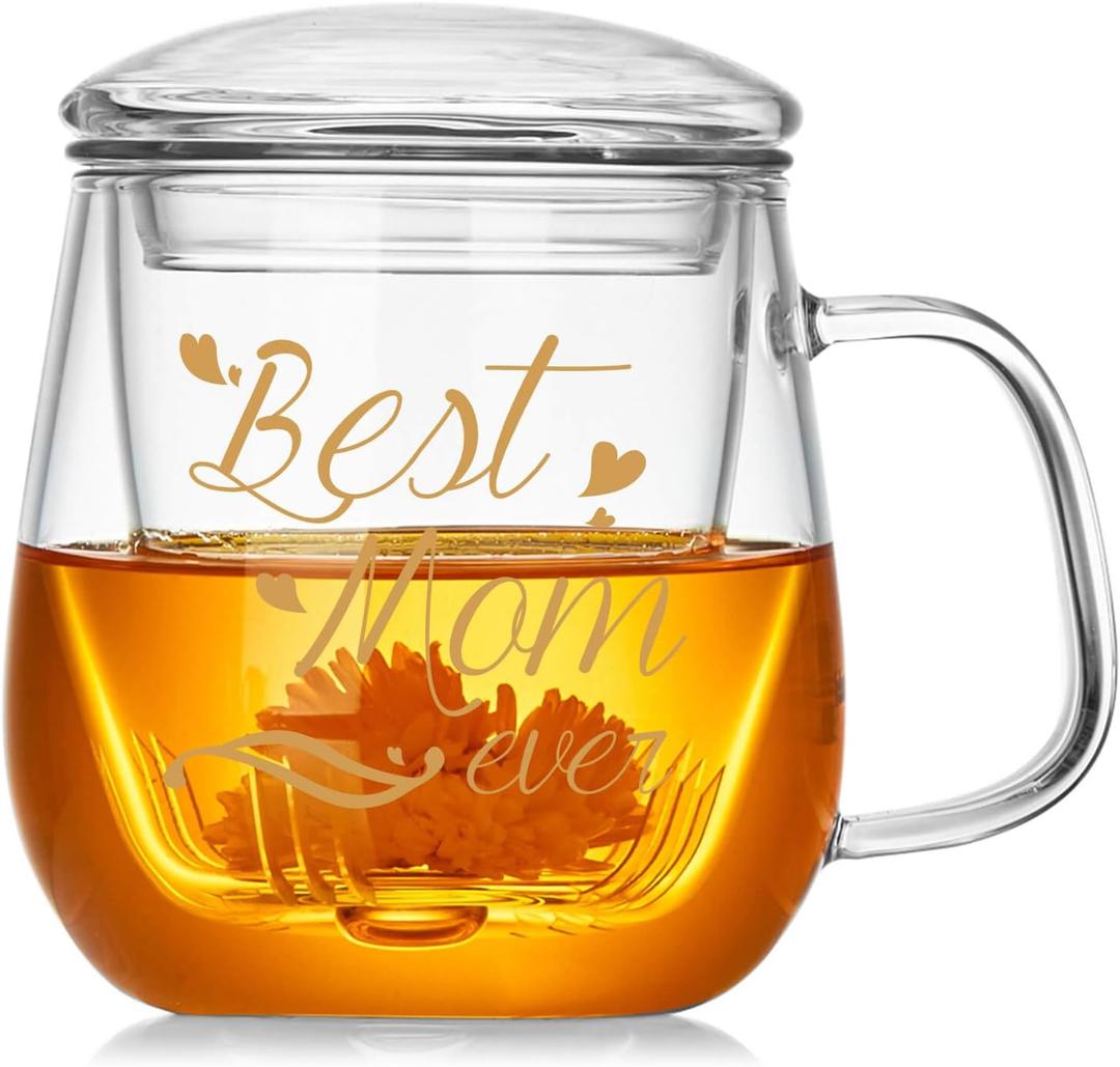 Glass Tea Cup 17.6oz, Best Mom Ever Mothers Day Cup with Gift Box, Gifts Mug for Mom, Glass Mug Teacup, Tea Cups for Mom Birthday, Perfect for Grandma & Daughter.