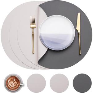 Myir JUN Round Table Placemats Set of 4 Faux Leather Place Mats and Coasters 15 inch Round Dual Sided Non-Slip Stain Resistant (Gray & Beige, Set of 4)