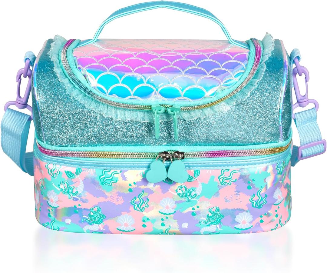 Kids Double Decker Cooler Insulated Lunch Bag, Back to School Large Meal Tote for Boys, Girls, Men, Women, with Adjustable Strap, Mermaid