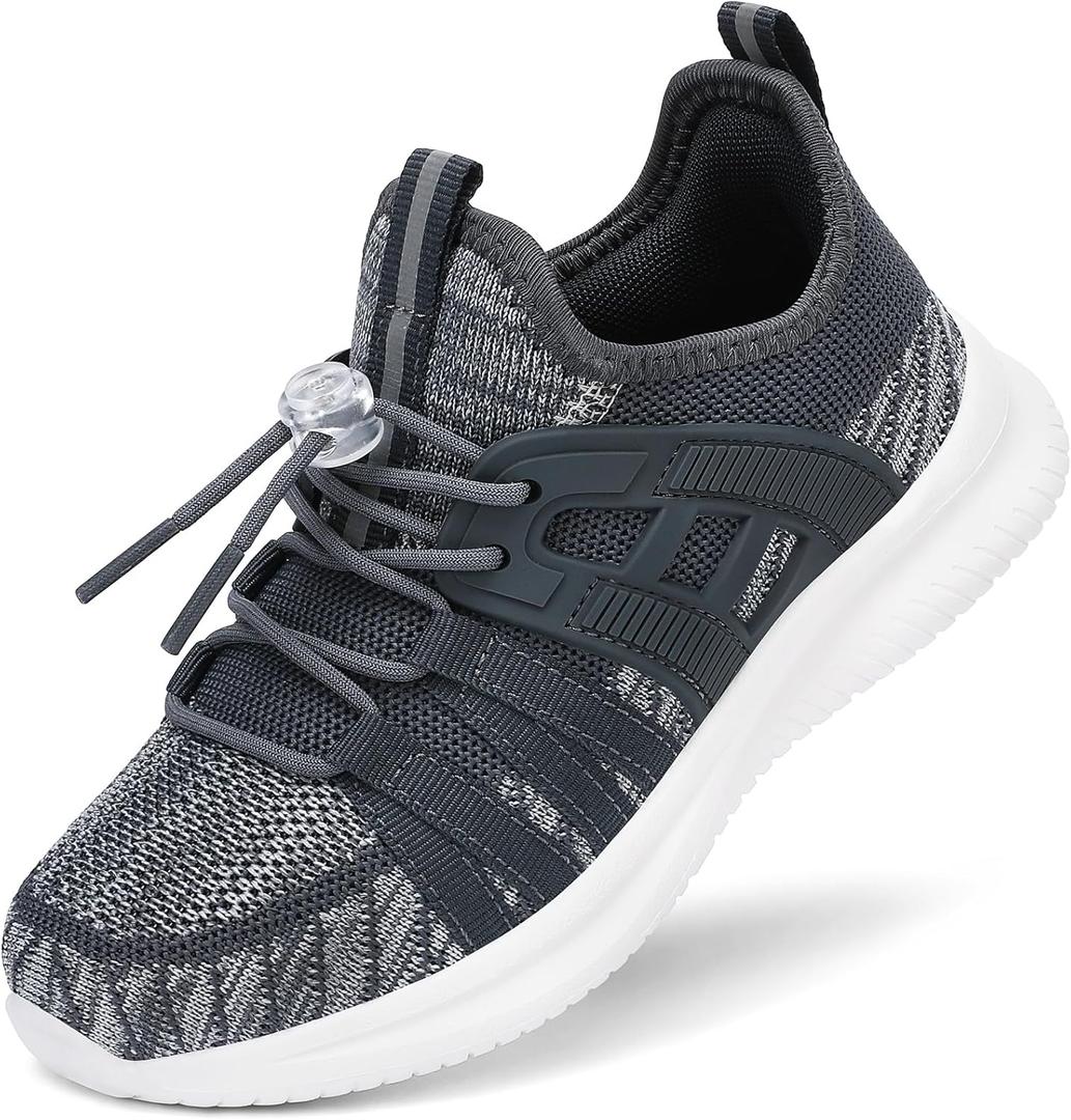 Boys Girls Sneakers Lightweight Kids Tennis Shoes Breathable Running Shoes Comfortable Toddler/Little Kid/Big Kid (Grey), 1.5 Big Kid