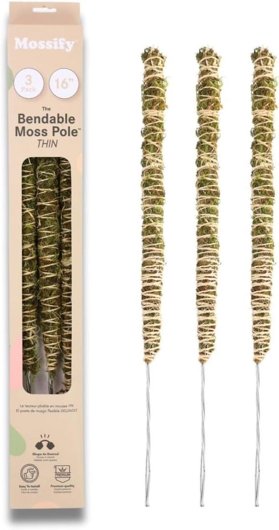 Mossify 16" Thin Bendable Moss Poles  3-Pack | Flexible Plant Support Stakes for Climbing Plants, Vines, Monstera & Pothos | Natural Coconut Fiber Moss Stick for Indoor & Outdoor Use
