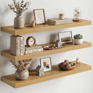 Fun Memories Floating Shelves for Wall, 3 Pack 36 Inch Long Floating Shelves, 36 x 10 Wooden Shelves for Wall, Large Storage Shelves, Hanging Shelves for Bathroom Bedroom Kitchen, Oak