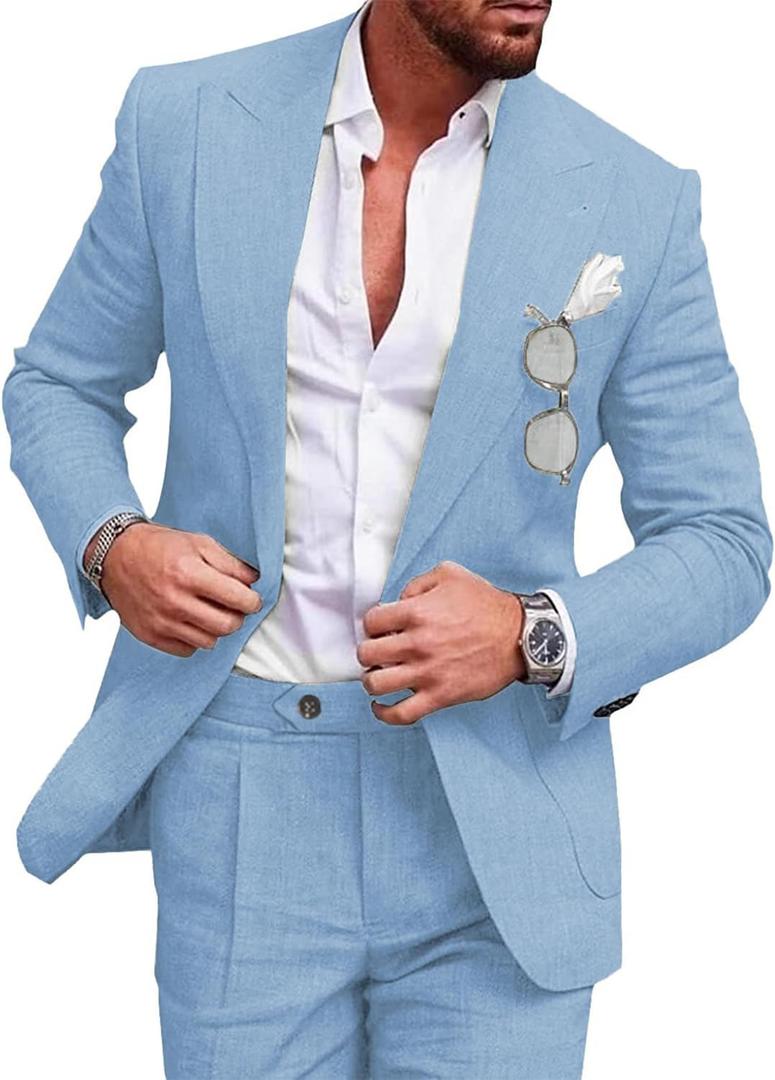 UNINUKOO Linen Suit for Men Summer Wedding 2 Piece Suit Set Peak Lapel Casual Blazer Pants Beach Wear for Men (X-Large, Sky Blue)