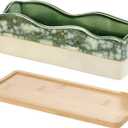 MyGift Rectangular Succulent Planter - Decorative Beige and Green Ceramic Glazed Plant Container Pot with Removable Bamboo Tray (10 Inch)