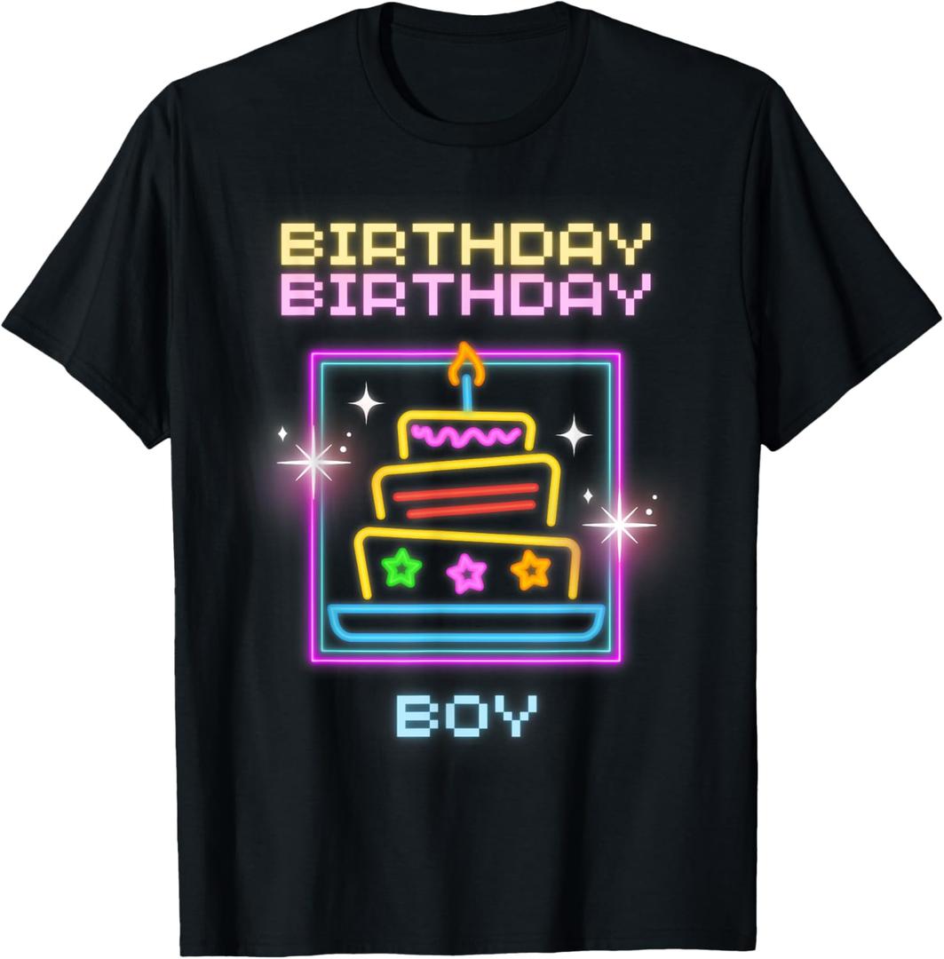 Birthday Boy with Neon Cake T-Shirt (Small, Black)