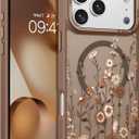 DOMAVER for iPhone 17 Pro Max Case, Magnetic Phone Case for iPhone 17 Pro Max [Compatible with MagSafe] Slim Fit Flowers Floral Design Shockproof Protective Bumper Women Men Girls Boys Cover Brown