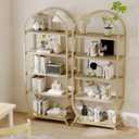 Bookshelf Arched Bookcase, Industrial 5 Tier Open Book Shelves with Metal Frame, 72" Tall Freestanding Display Rack for Home Office, Living Room,Nature Wood and Gold