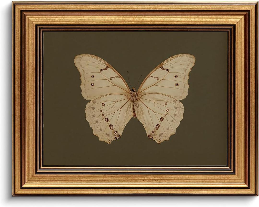 Gold Framed Wall Art Vintage Butterfly Canvas Wall Art White Butterfly Moody Insect Artwork Prints Picture for Living Room Bedroom Farmhouse Bathroom Office Decor, 8x10