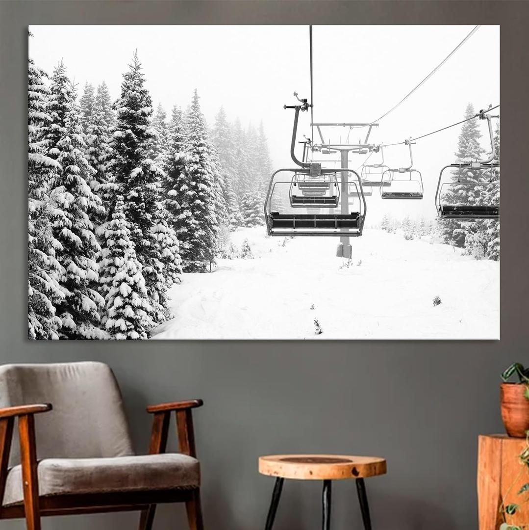 Nature Wall Art Prints - Ocean Forest Mountain Lake Canvas Landscapes - Small to Extra Large Living Room Bedroom Kitchen Bathroom Dcor (Ski Lift on Snowy Mountain, 16"L x 24"W)