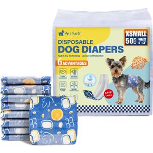 Pet Soft Male Dog Diapers - Disposable Male Dog Wraps with Wetness Indicator, Puppy Diapers for Pets Excitable Urination or Incontinence, 50pcs X-Small