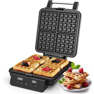 4-Slice Waffle Maker with Nonstick Surface, 1200W Waffle Iron, Time & Temperature Control, LCD Display, Perfect Waffle Maker for Kids and Families, Stainless Steel, Black  